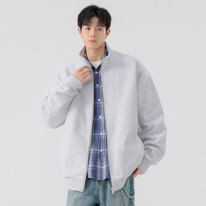 Men's Oversize Sweat Jacket with Stand-Up Collar, Full-Length Zipper and Ribbed Hem Mune Fashion
