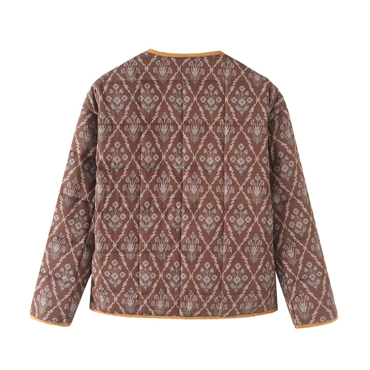 Women's lightweight quilted jacquard quilted jacket with round neck, contrast piping and patch flap pockets Mune Fashion