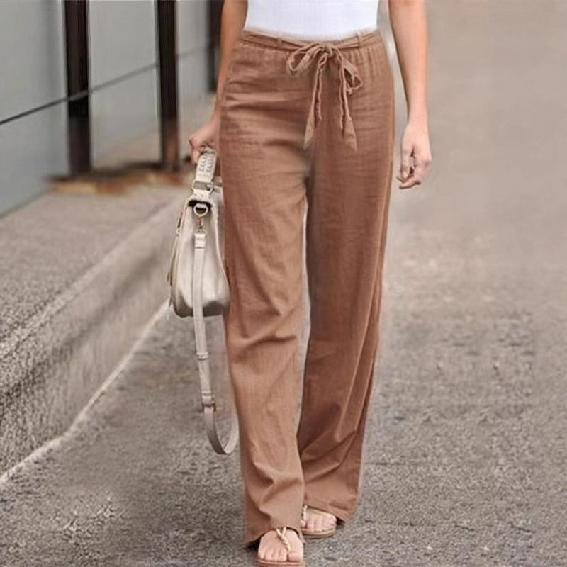 Women's Wide Lounge Pants with High Elastic Waistband and Decorative Tie String Drune