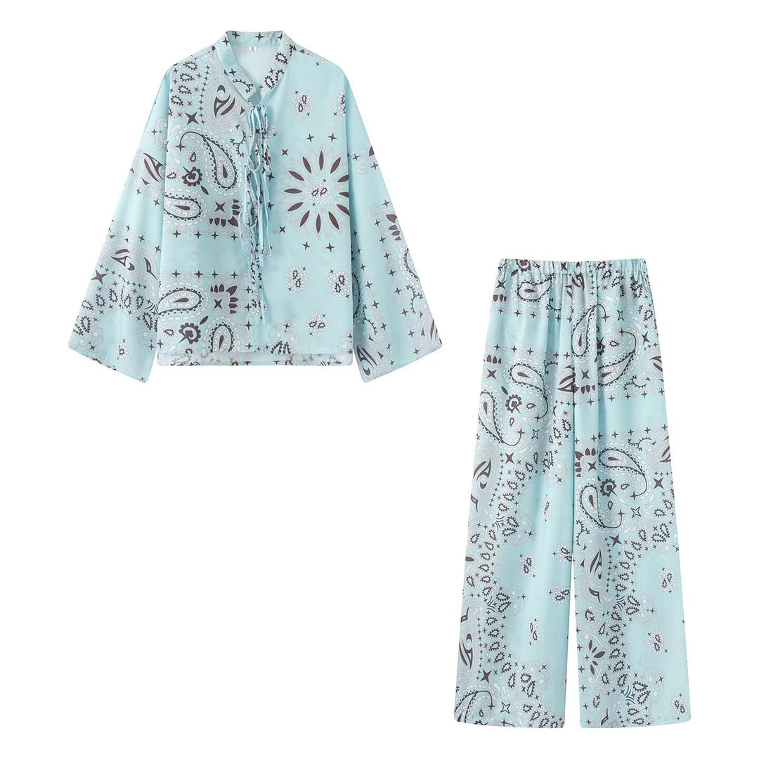 Women's Two-Piece Satin Look Lounge Set with Paisley Print, Kimono Collar Blouse and Wide Culotte Pants Mune Fashion