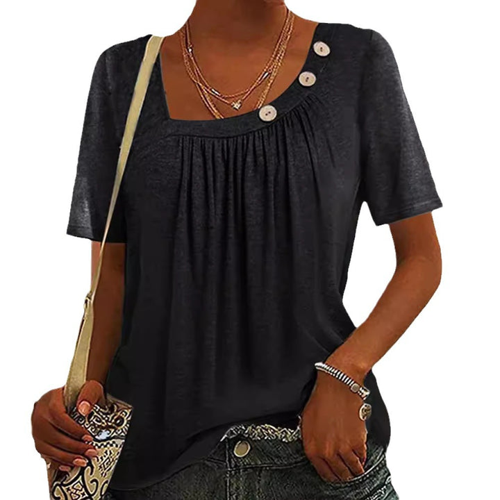 Women's boxy short-sleeve shirt with square neckline, gathered bust area and decorative button detail Mune Fashion
