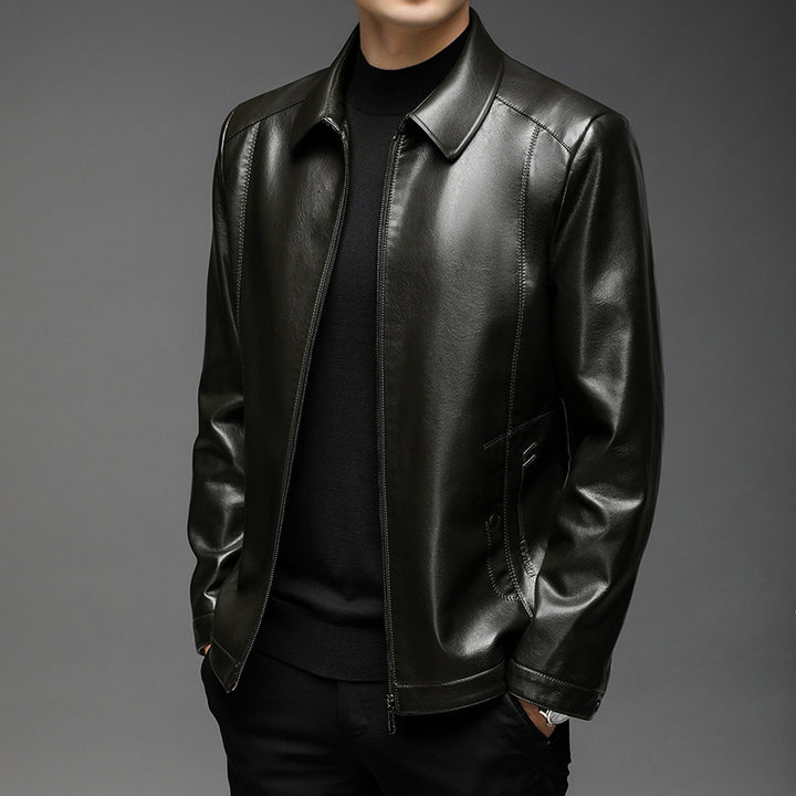Men's Minimalist Smooth Leather Jacket with Shirt Collar and Tailored Fit Mune Fashion