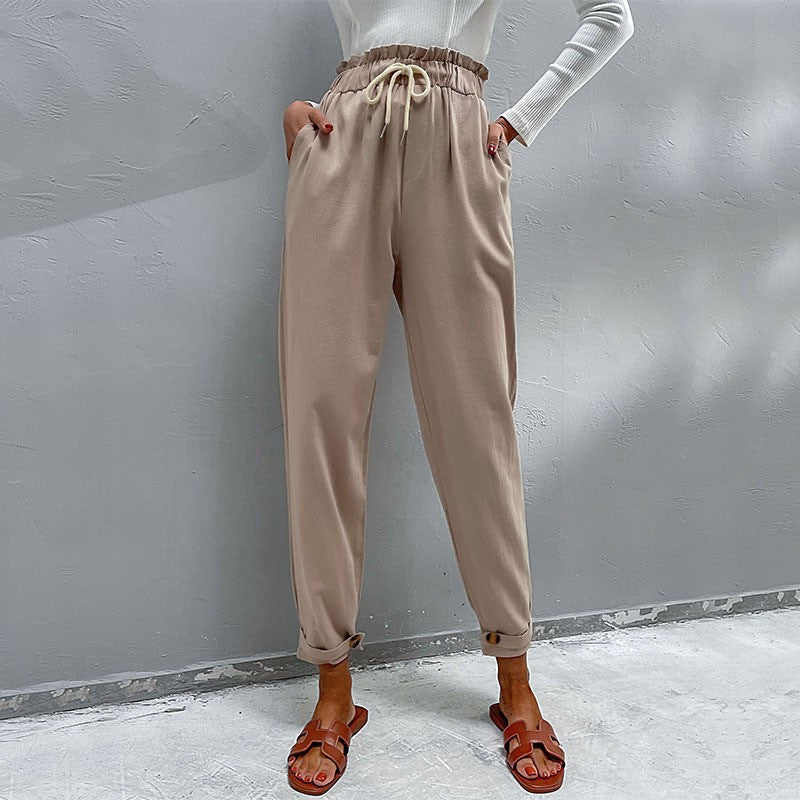 Women's Casual High-Waisted Pants with Drawstring, Side Pockets, and Tapered Leg Shape Mune Fashion