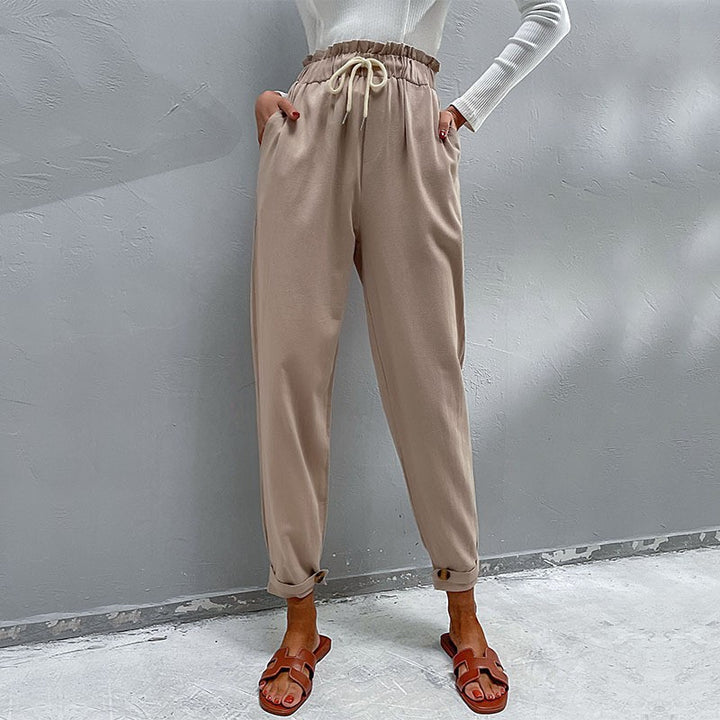 Women's Casual High-Waisted Pants with Drawstring, Side Pockets, and Tapered Leg Shape Mune Fashion