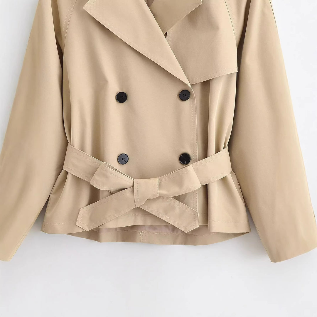 Women 30+ short tailored cropped trench coat with double-breasted button placket and tie belt Mune Fashion