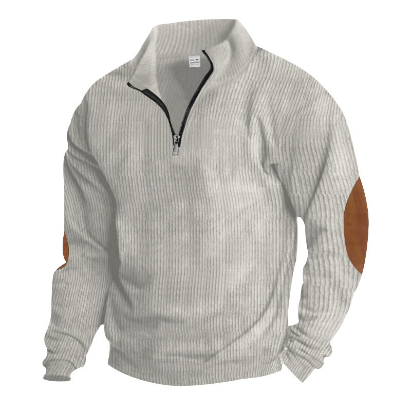Men's knitted fine knit pullover with short zipper stand-up collar and leather-look elbow patches Mune Fashion