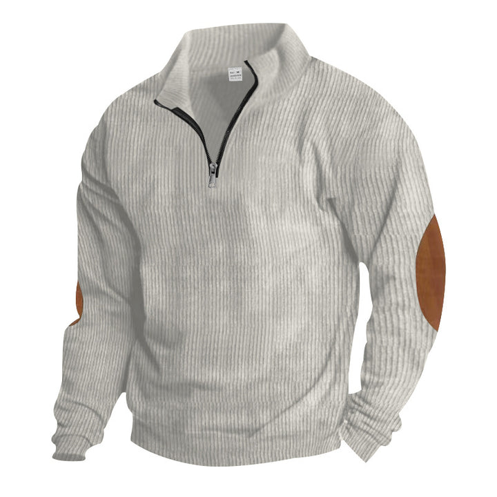 Men's knitted fine knit pullover with short zipper stand-up collar and leather-look elbow patches Mune Fashion