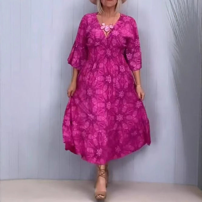 Women's flowing kaftan midi dress with V-neck, loose silhouette, tiered skirt, and three-quarter sleeves Mune Fashion