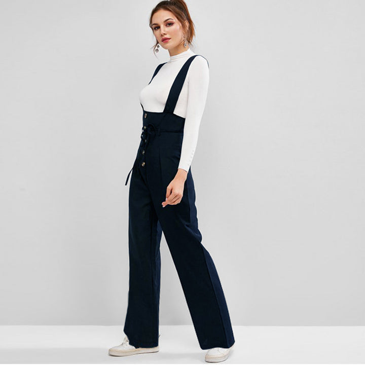 Women's High-Waist Overall Jumpsuit with Button Placket and Wide Straps Mune Fashion