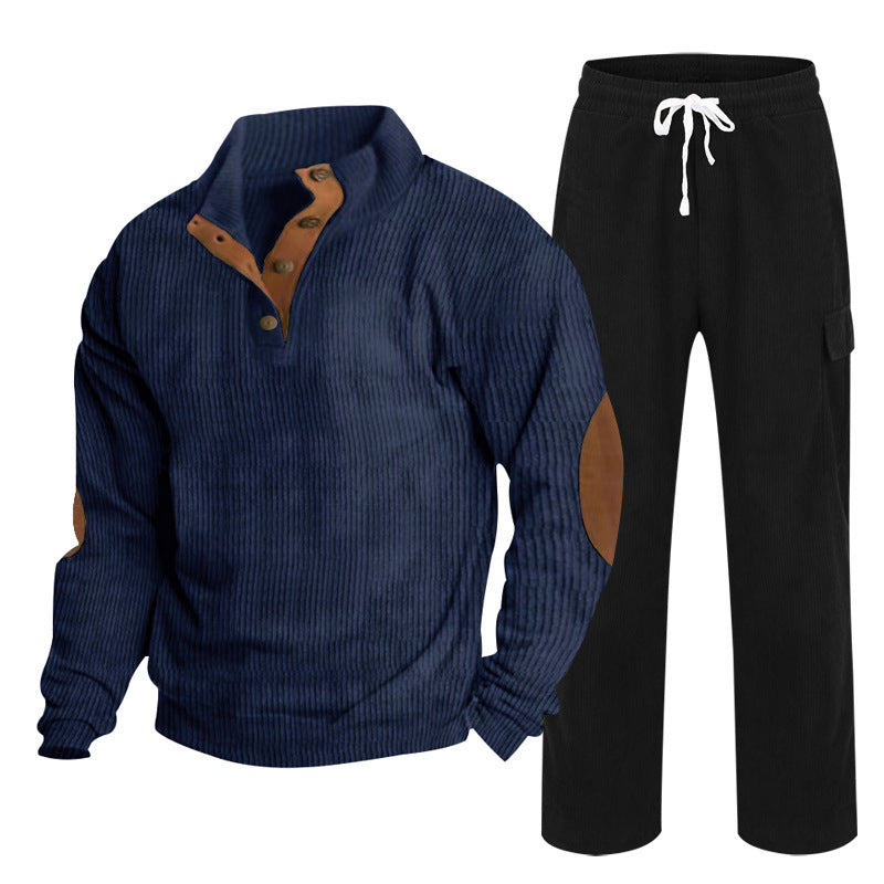 Men's Cozy Leisure Set made of Waffle Knit Henley with Elbow Patch and Relax Cargo Pants Mune Fashion