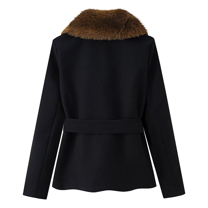 Women short coat with detachable faux fur shawl collar and belt Mune Fashion