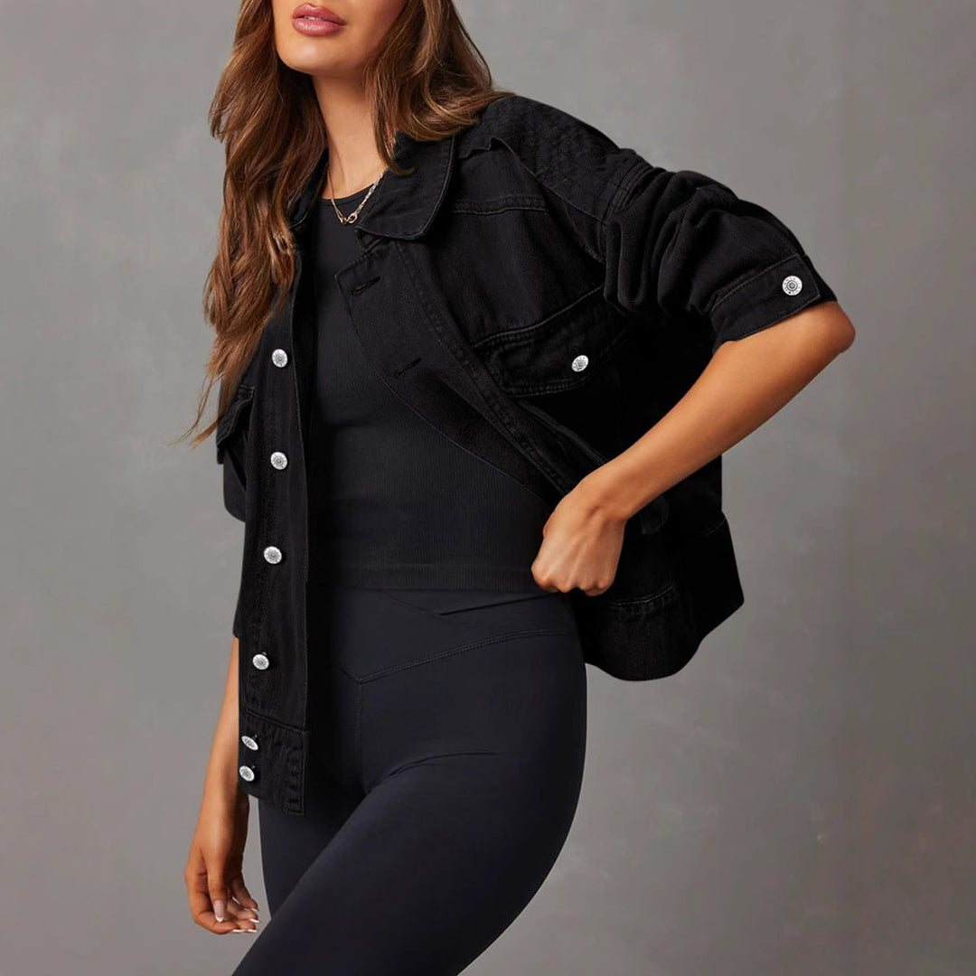 Women's oversized denim jacket with patch breast pockets and roll-up sleeves Mune Fashion
