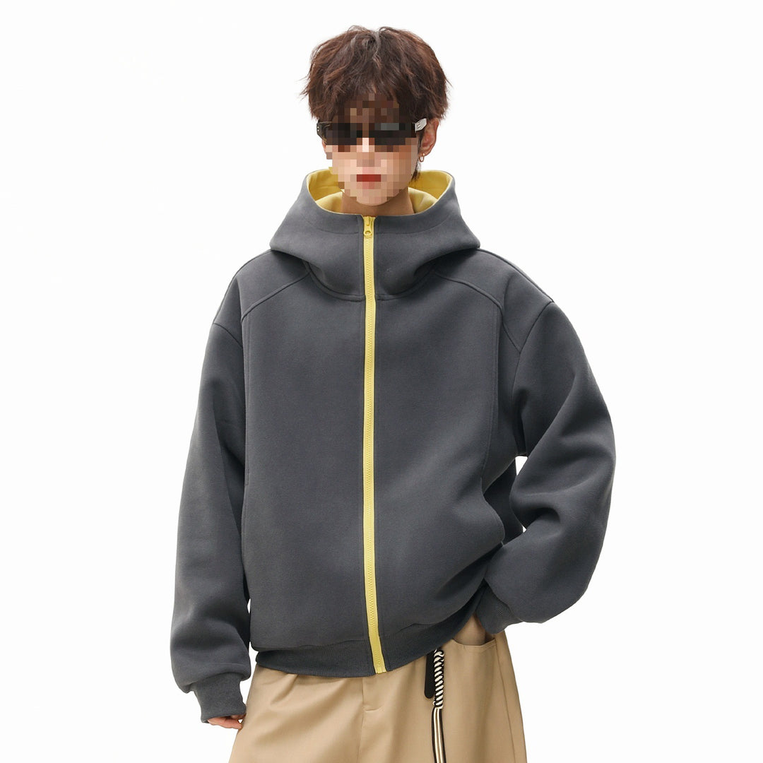 Men's Boxy Short Hooded Jacket with Contrasting Lining and Continuous Zipper Mune Fashion