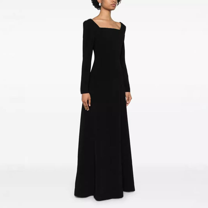 Women's Maxi Length Evening Dress in Minimalist A-Line Cut with Square Neckline and Long Sleeves Mune Fashion
