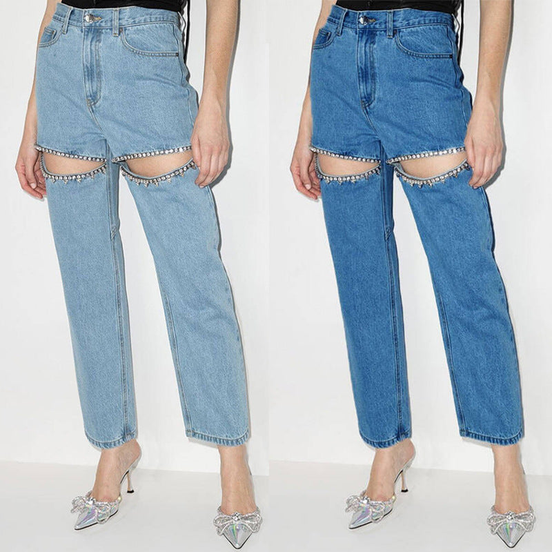 Women's Jeans with Decorative Cut-Outs and Rhinestone Embellishments Mune