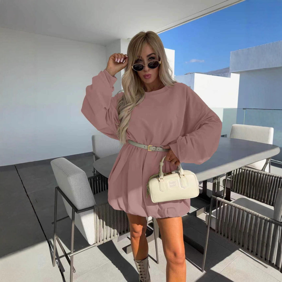 Ladies sweatshirt dress with balloon sleeves and waist belt Mune Fashion