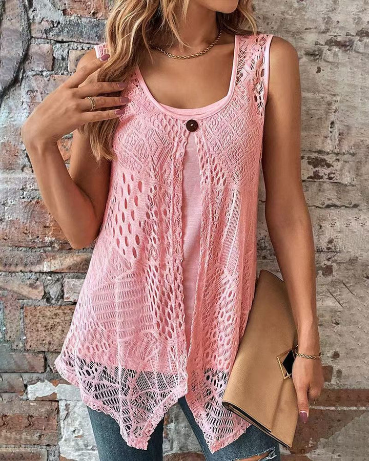 Women's crocheted A-line top with asymmetric scalloped hem and integrated jersey undershirt Mune Fashion
