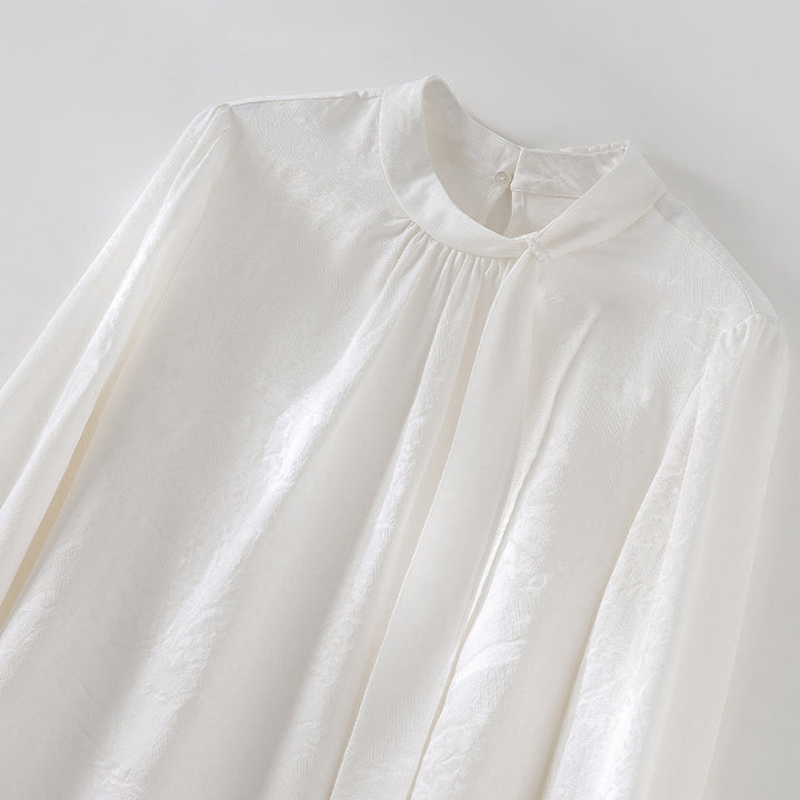 Women Elegant Satin Blouse with Knot and Fine Jacquard Structure Mune Fashion