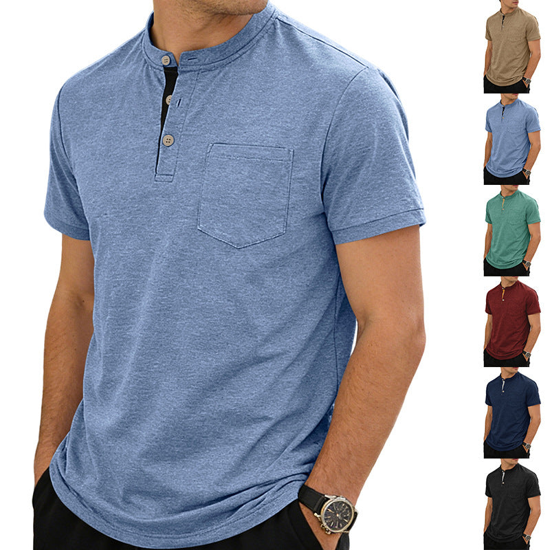 Men's structured cotton henley shirt with short stand-up collar button placket and chest pocket Mune Fashion