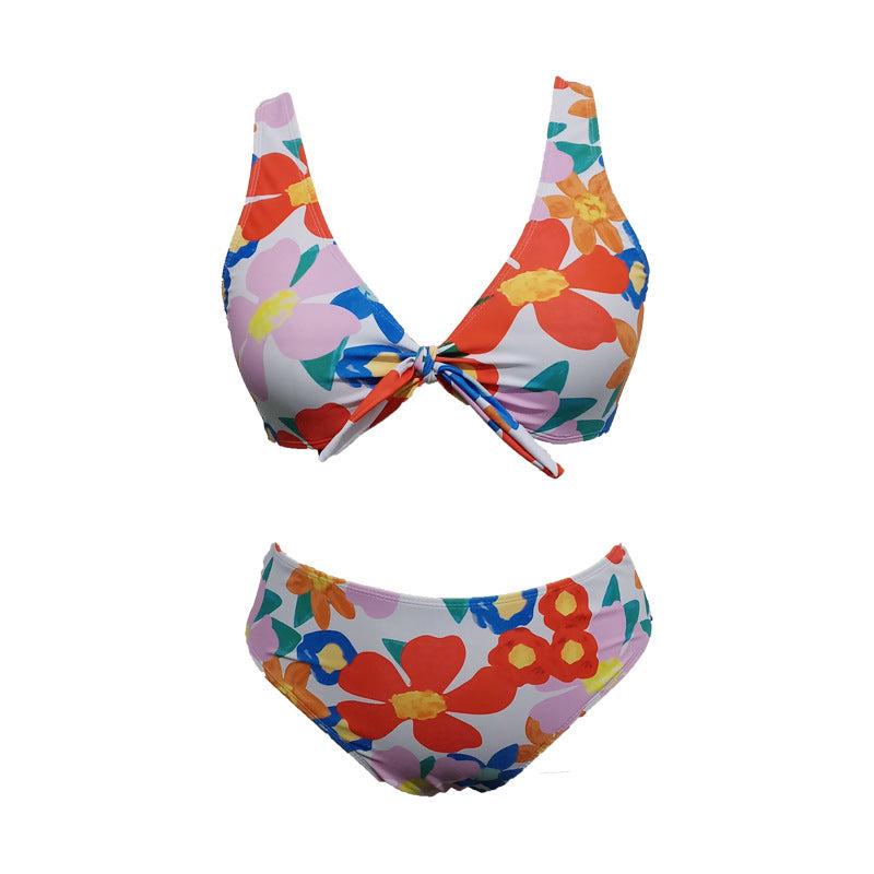 Women's Bikini Set with Floral Design and Adjustable Knot Mune Fashion