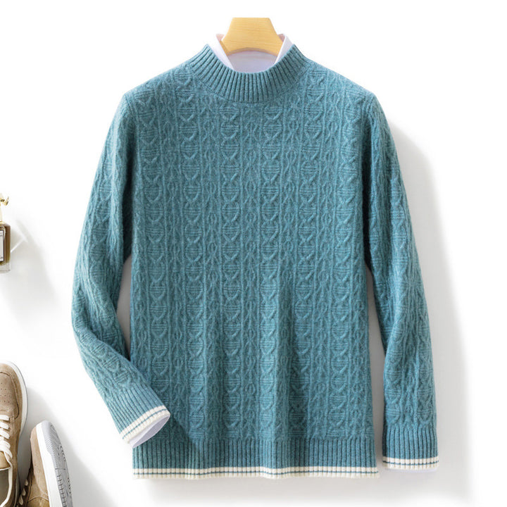 Women fine-knit pullover with cable pattern, short stand-up collar and ribbed finishes Mune Fashion