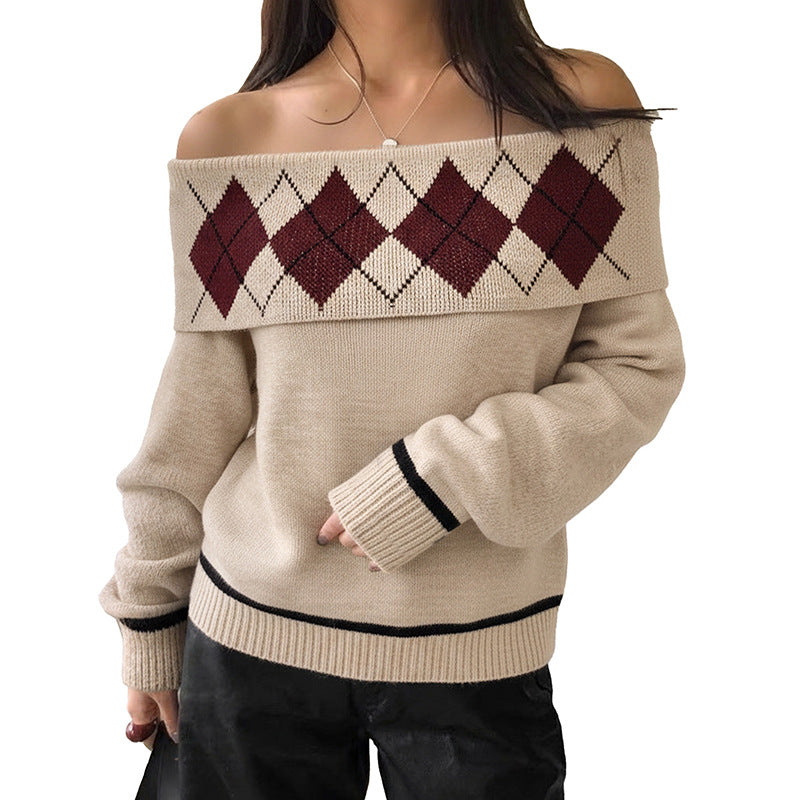 Women's Off-Shoulder Knit Sweater with Diamond Pattern and Folded Collar Mune Fashion