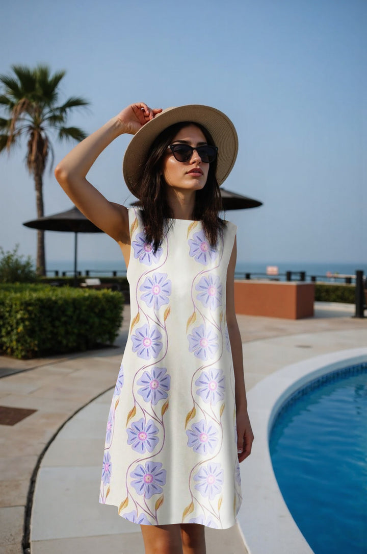 Women's Lightweight Sleeveless Shift Midi Dress with Delicate Floral Print and Straight Neckline Mune Fashion
