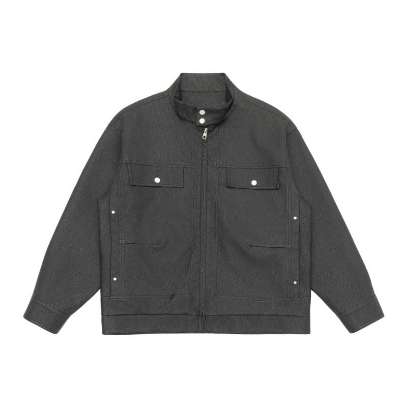 Unisex Boxy Shirt Jacket in Worker Style with Stand Collar, Front Zipper and Flap Pockets Mune Fashion