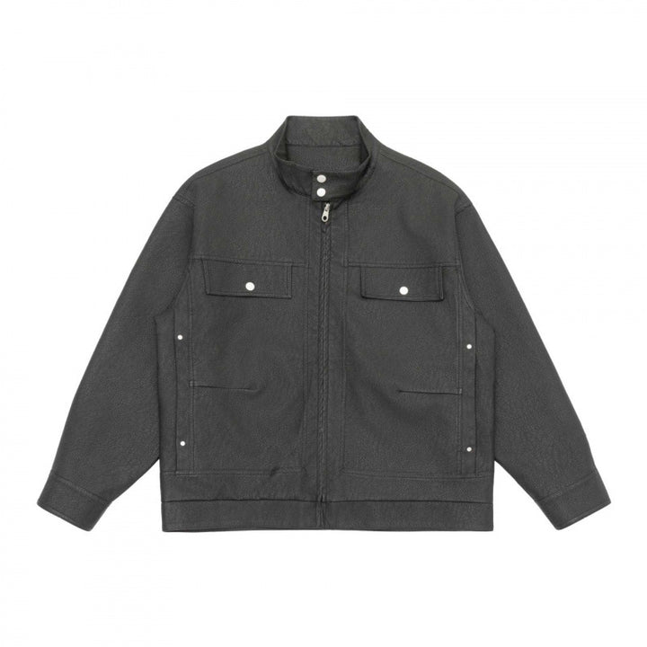 Unisex Boxy Shirt Jacket in Worker Style with Stand Collar, Front Zipper and Flap Pockets Mune Fashion