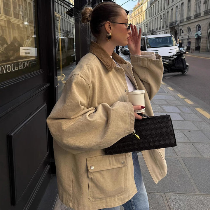 Women's Oversized Field Jacket with Cord Collar, Large Flap Pockets and Snap Button Closure Mune Fashion
