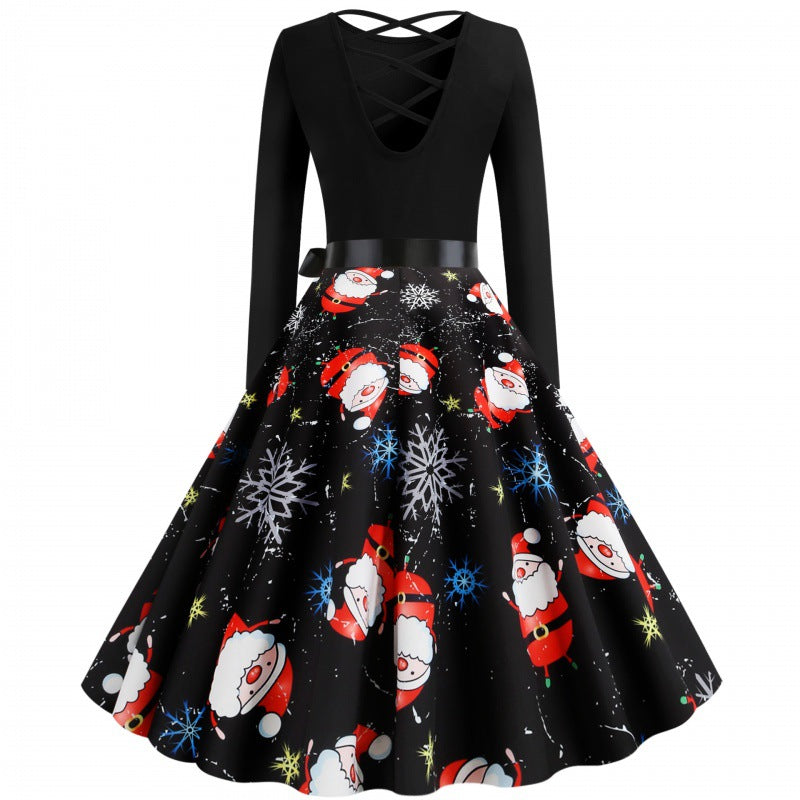 Ladies Festive Swing Dress with Santa Print, Tailored Satin Band and Crossed Back Detail Mune Fashion