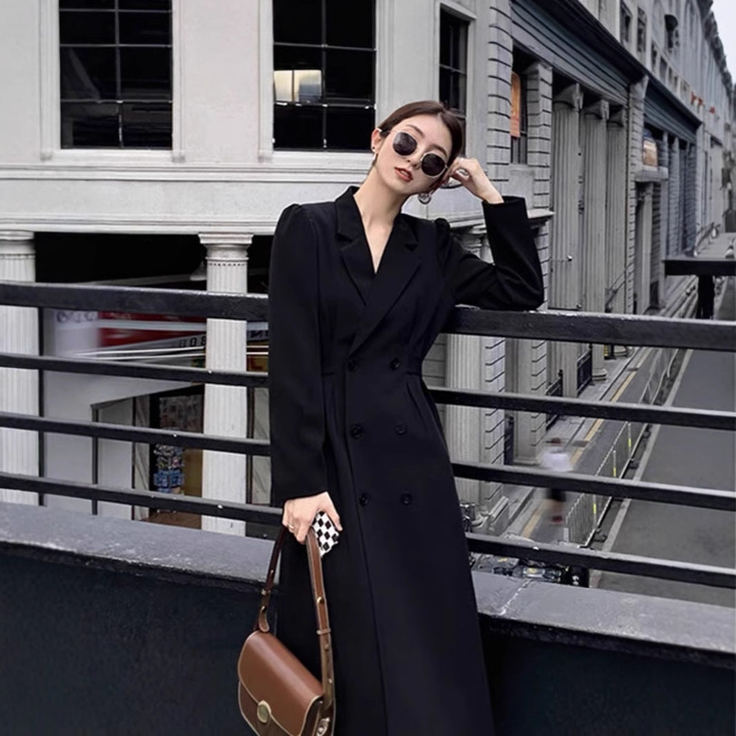 Ladies Double-Breasted Long Blazer Coat with Tailored Cut and Structured Shoulders Mune Fashion
