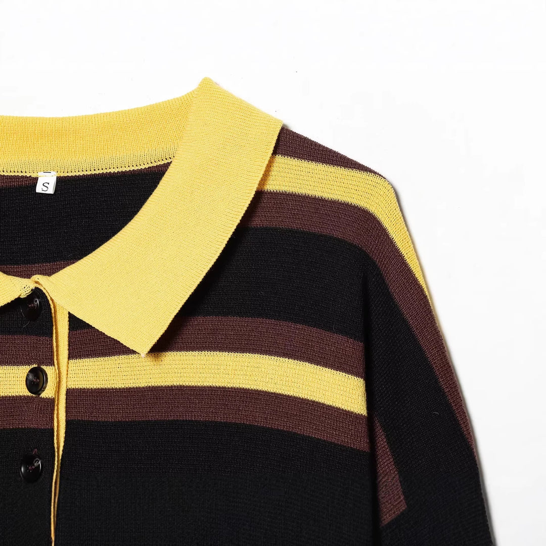 Women Striped Rugby Sweater with Polo Collar and Button Placket Mune Fashion