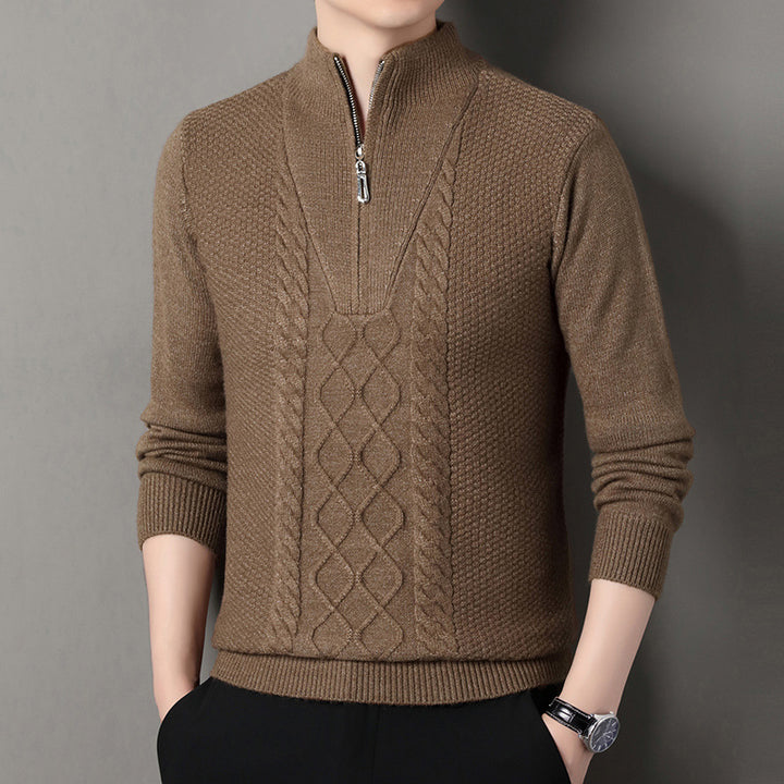 Men's fine knit half zip pullover with cable structure and stand-up collar Mune Fashion