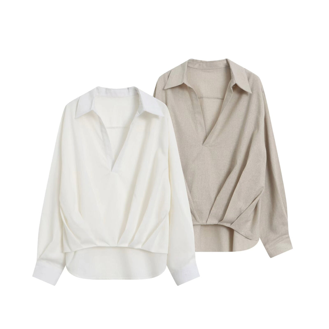 Women's Oversize Linen Look Blouse with Deep V-Neck, Shirt Collar and Gathered Front Mune Fashion