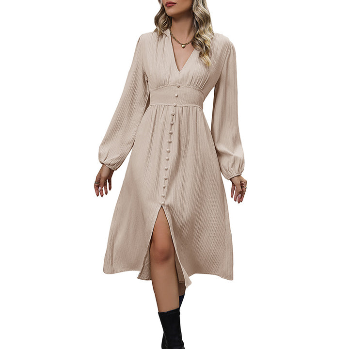Women's Midi Dress with V-Neck, Waist Panel, Button Placket and Pleated Structure Mune Fashion