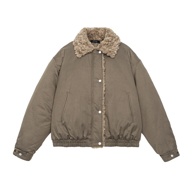 Women's Short Cut Teddy-Lined Blouson Jacket with Faux Fur Collar Mune Fashion