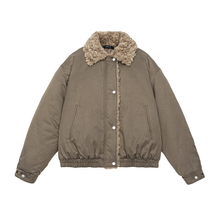 Women's Short Cut Teddy-Lined Blouson Jacket with Faux Fur Collar Mune Fashion
