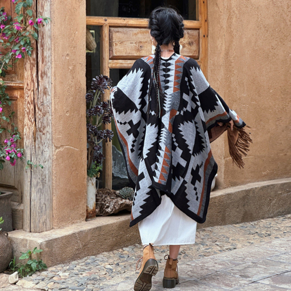 Women's Oversized Knit Cape with Aztec Jacquard, V-Neck and Soft Draping Hem Mune Fashion