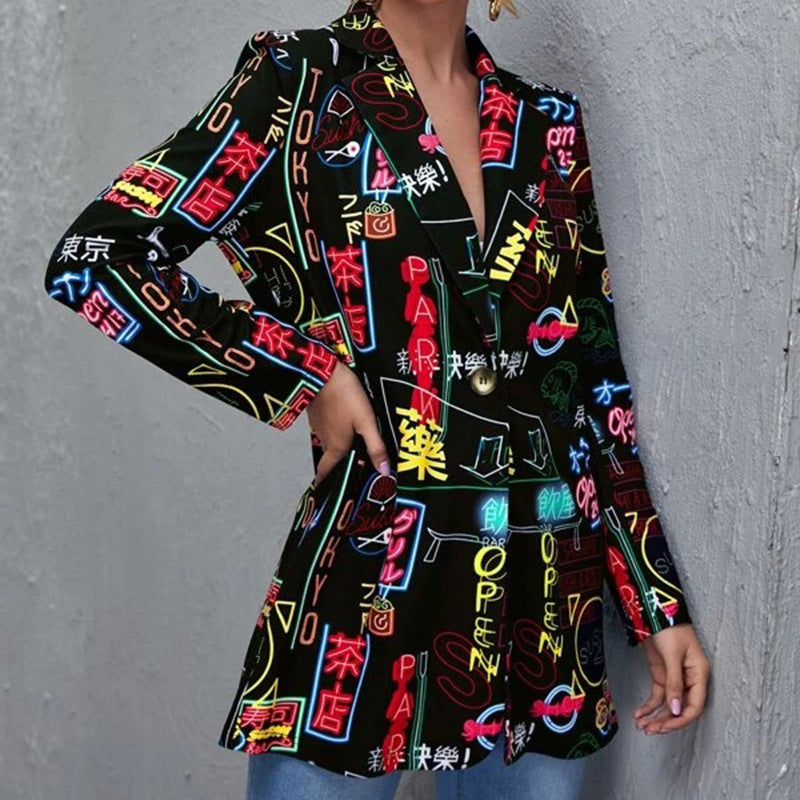 Women's Printed Long Blazer with Graphic Street Art Pattern and Tailored Fit Mune Fashion