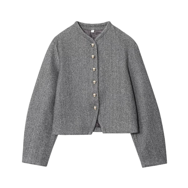 Women’s short jacket made of wool blend with round neck and decorative button placket Mune Fashion