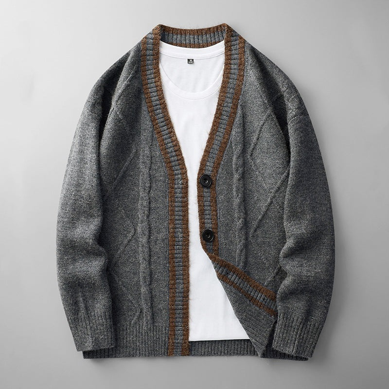 Men's knitted cardigan with cable pattern, V-neck and contrast edge Mune Fashion