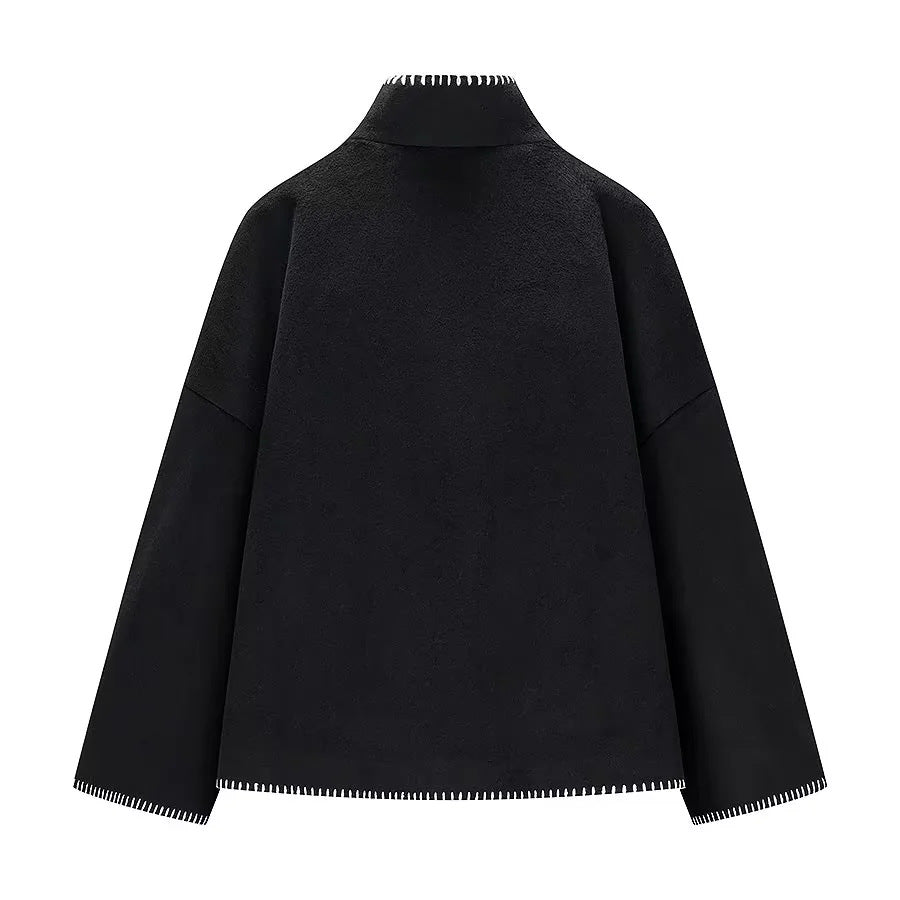 Women's nan castiger short coat with stand-up collar contrasting decorative stitching and side pockets Mune Fashion