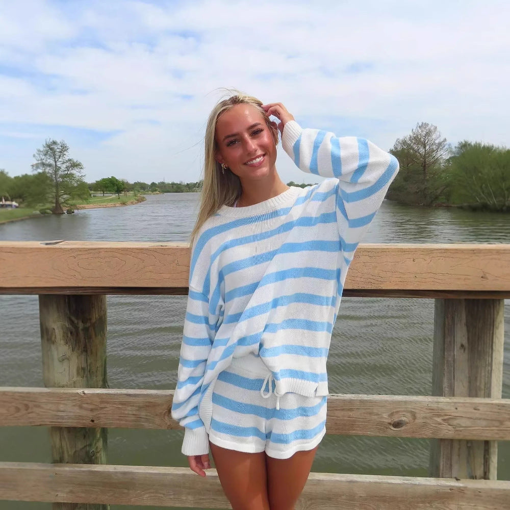 Women striped knit loungewear set with wide sweater and drawstring shorts Mune Fashion