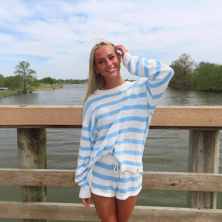 Women striped knit loungewear set with wide sweater and drawstring shorts Mune Fashion
