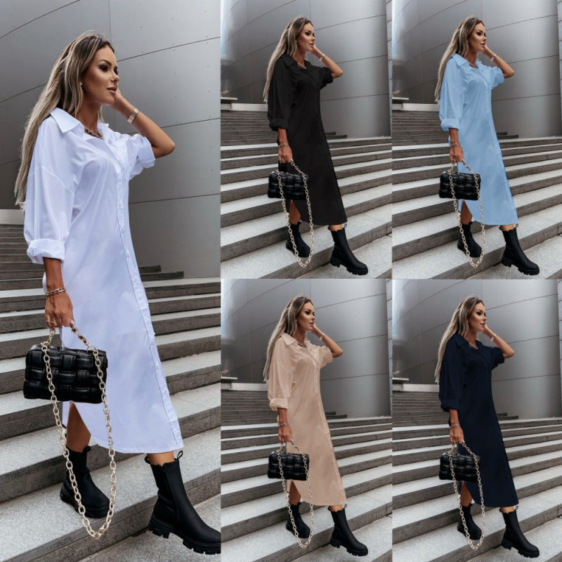 Women's Long Oversized Shirt Dress with Continuous Button Placket, Cuffed Sleeves and Deep Side Slit Mune Fashion