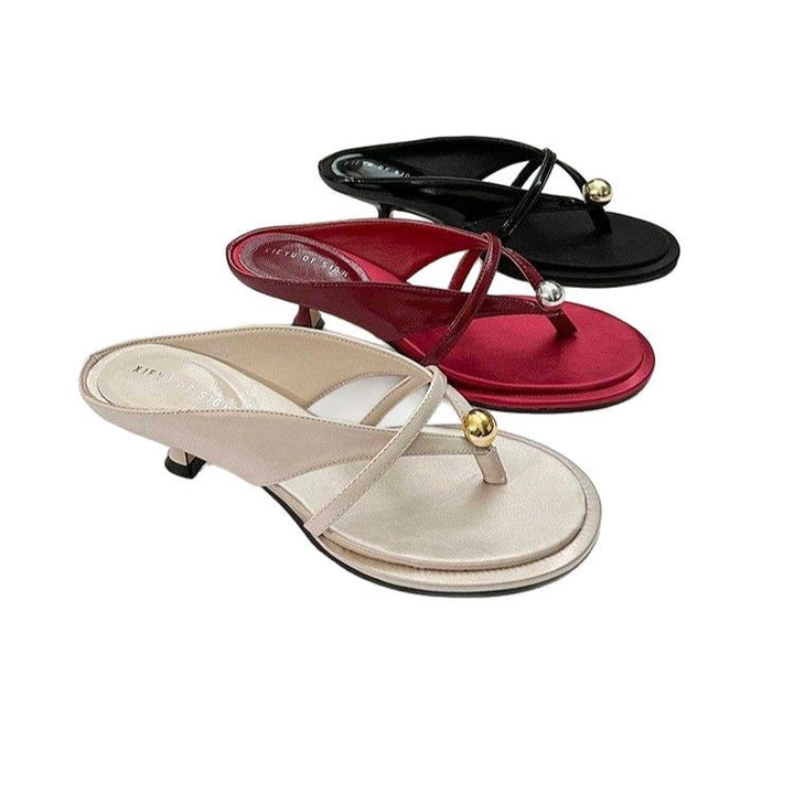Ladies Elegant Mule Sandal with Toe Ring, Filigree Straps and Sculpted Kitten Heel Mune Fashion