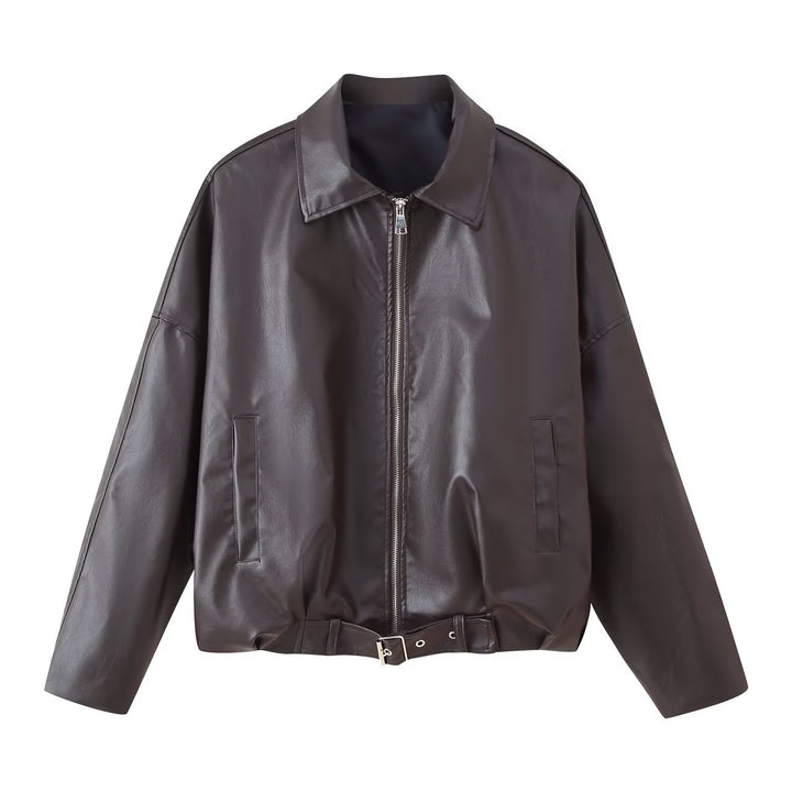 Women's Oversized Faux Leather Bomber Jacket with Belt and Shirt Collar Mune Fashion