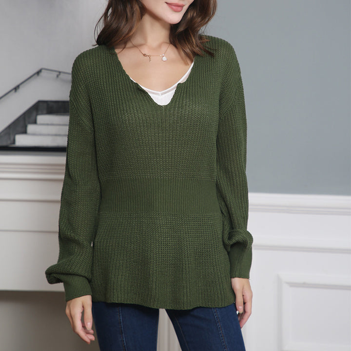 Women's Loose Fine Knit Sweater with V Notch Neckline, Fitted Ribbed Hem and Balloon Sleeves Mune Fashion