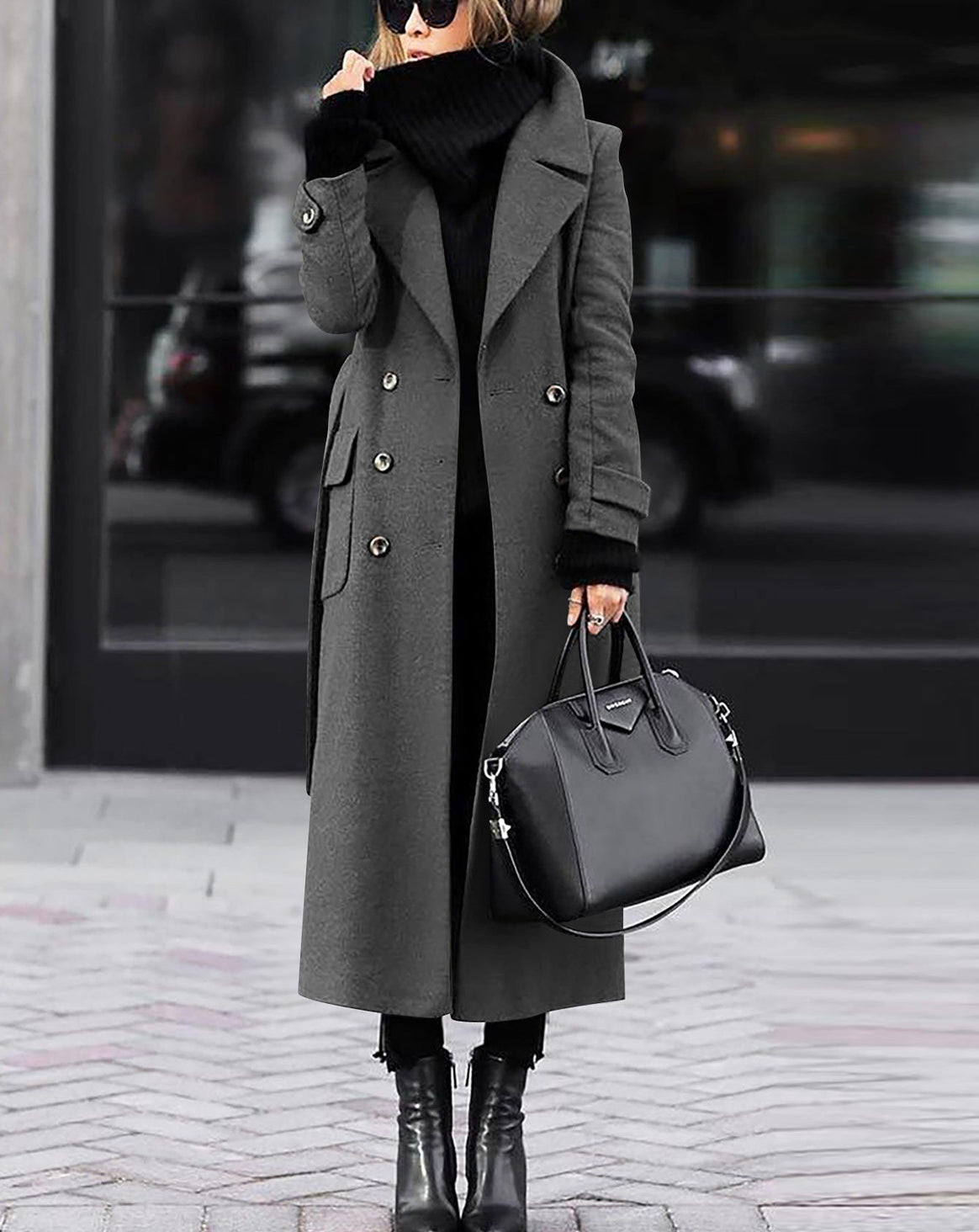Women Long Double-Breasted Wool Blend Coat with Distinctive Lapels and Flap Pockets Mune Fashion